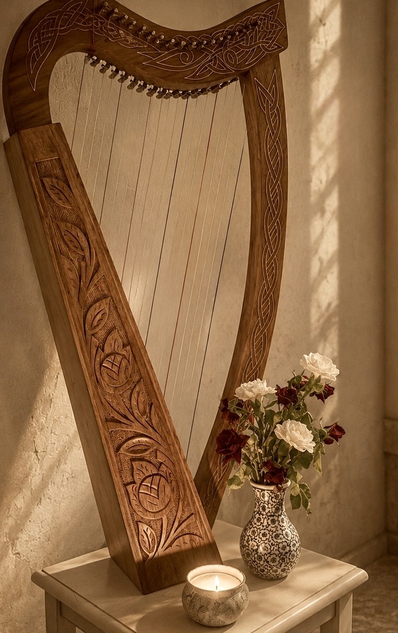 Carved wooden harp beside a candle and flowers